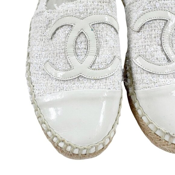 Chanel Tweed Sequin Logo Cap Toe Espadrilles Cream Size EU37 - Picture 8 of 16